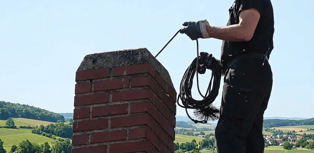 Chimney sweep inspecting and cleaning a rooftop chimney in Glendale, AZ