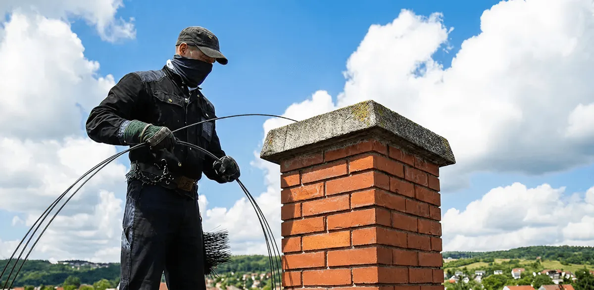 Chimney sweep cleaning a brick chimney with professional tools in Glendale, AZ